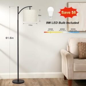 Ambimall Dimmable Beige Floor Lamp with Adjustable LED Bulb