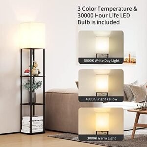 Modern Black Floor Lamp with Shelves & 3 Color Temperatures